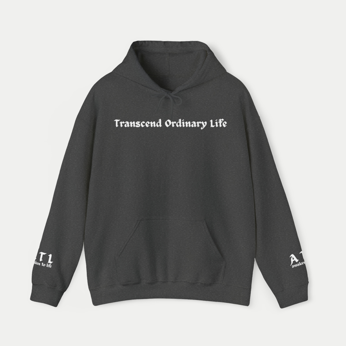 Transcend Ordinary Life Hooded Sweatshirt ATL Sleeve Color Dark Heather Front